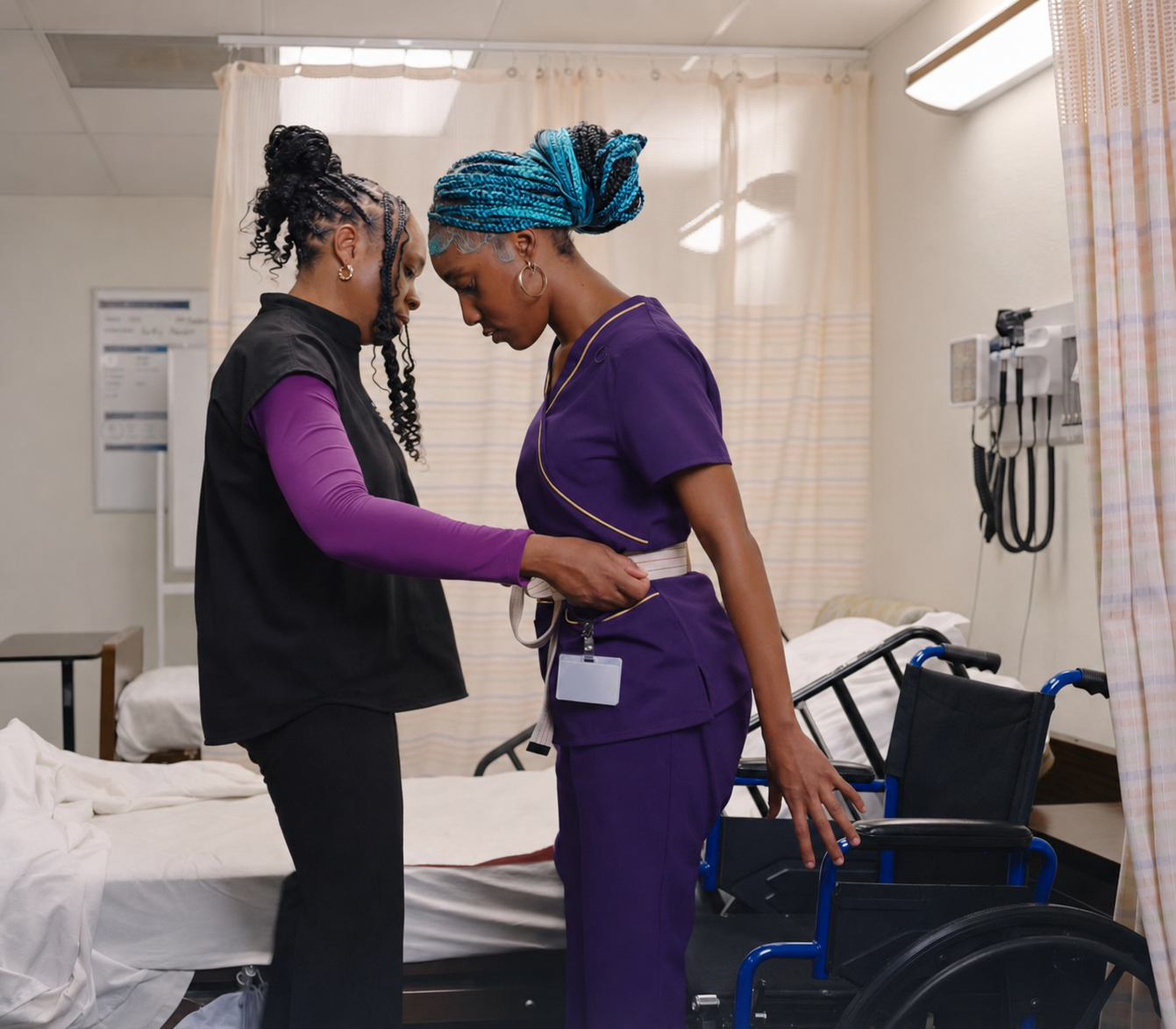 CNA instructor assisting an adult student in purple scrubs with transfer-belt skills in a training laboratory